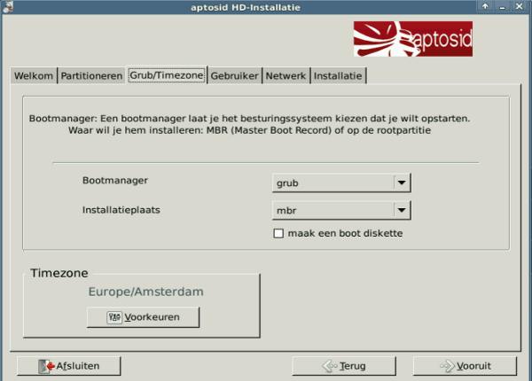 Grub/Timesone tab - aptosid Installer grub-to-mbr