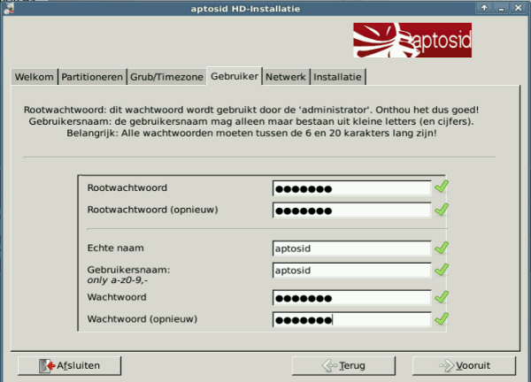 User/Password tab - aptosid Installer choosing-pw